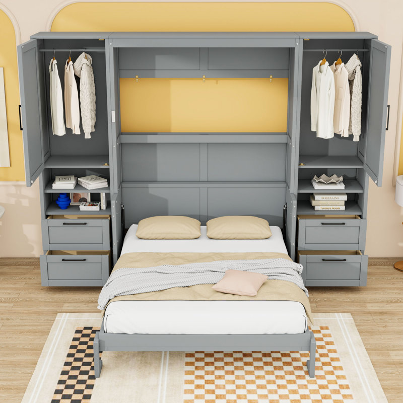 Lit escamotable double en bois avec tablette de rangement, armoire latérale et tiroirs, Gris