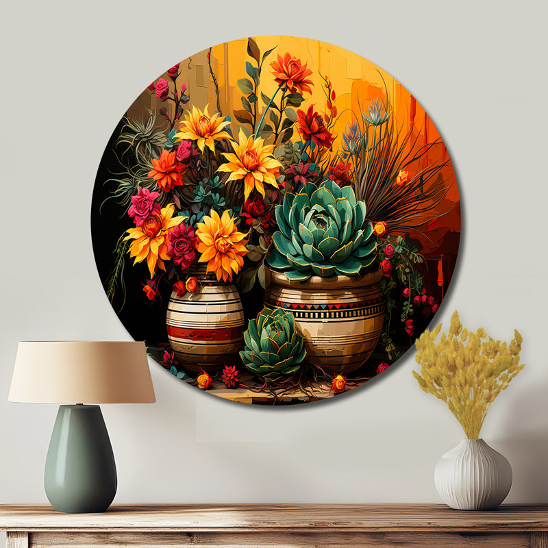 Boho, poterie florale mexicaine - art géométrique rond en métal, H 16 po x l 16 po