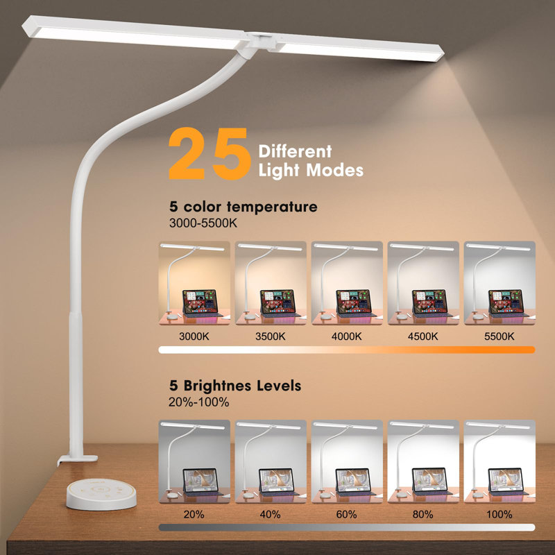 24W LED Desk Lamp with Clamp, 5 Color Modes, Adjustable Gooseneck for Office & Study, White