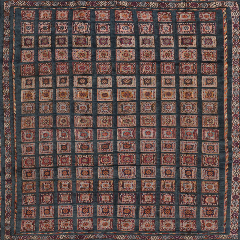 Tapis bleu/rose contemporain, Carré 4 pi