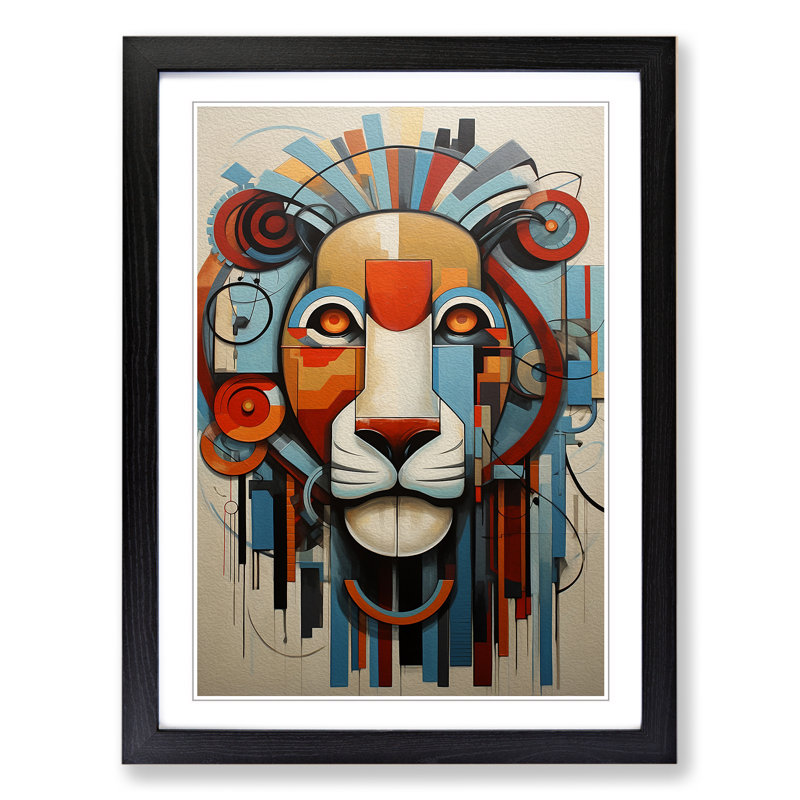 Lion Constructivism No.4 - Single Picture Frame Print on Wood, Black, 34cm H x 25cm W x 2cm D