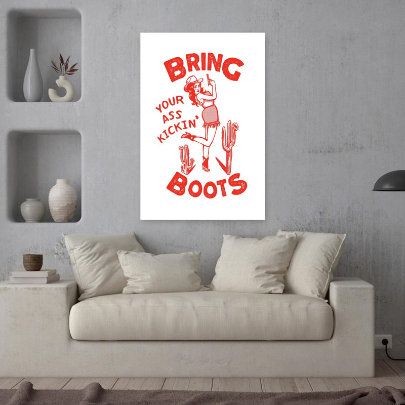 Ass Kicking Boots Funny Western Cowgirl Modern Retro Vintage Wall Art Print 1 Piece Wrapped Canvas Wall Art
