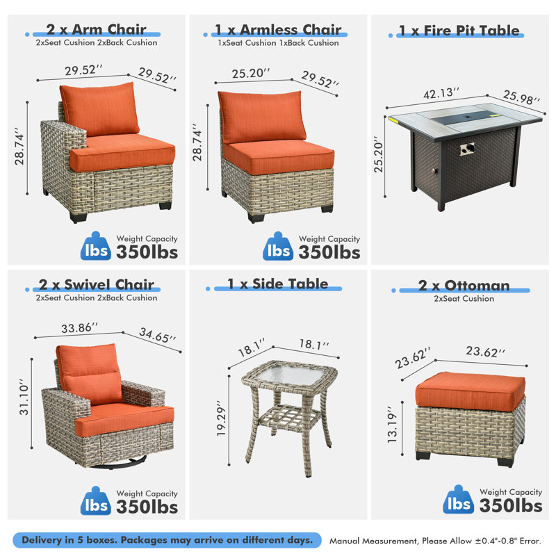 Wahkon Wicker/Rattan 5 - Person Seating Group With Swivel Chairs and Cushions, Orange