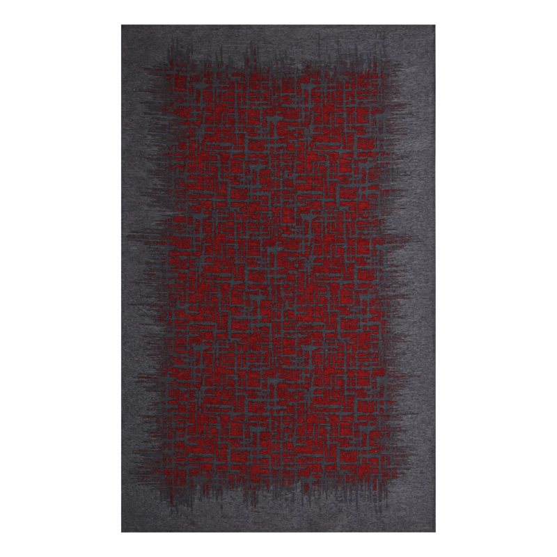 Tapis gris / rouge en chenille / coton tissé à la machine Canarsie, Rectangle 6 pi 7 po x 9 pi 6 po