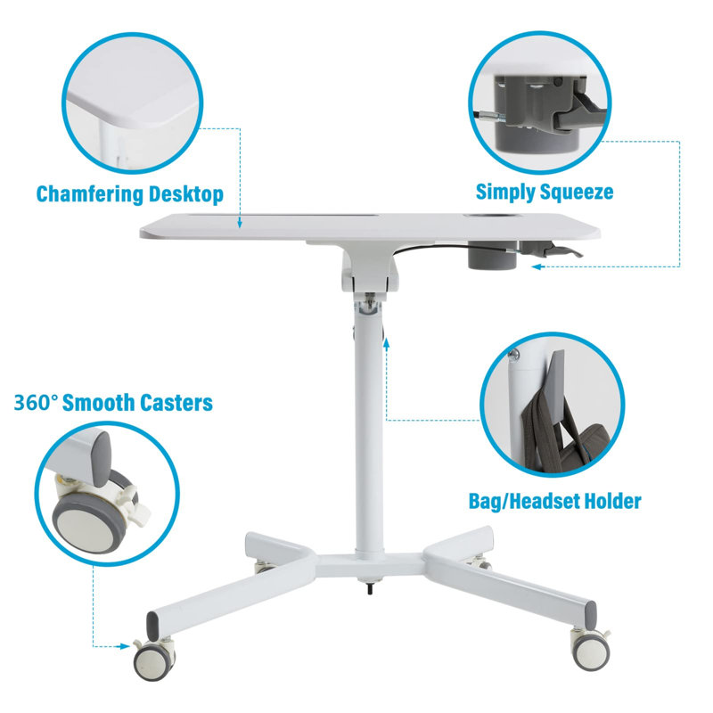Mobile Sit Stand Desk - Height Adjustable Standing Laptop Desk Cart Rolling Couch Table On Wheels White Workstation With Gas Spring Riser For Home Office Classroom