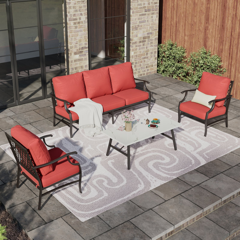 Asfand 5-7- Person Patio Conversation Set with Optional Ottoman, Red, No