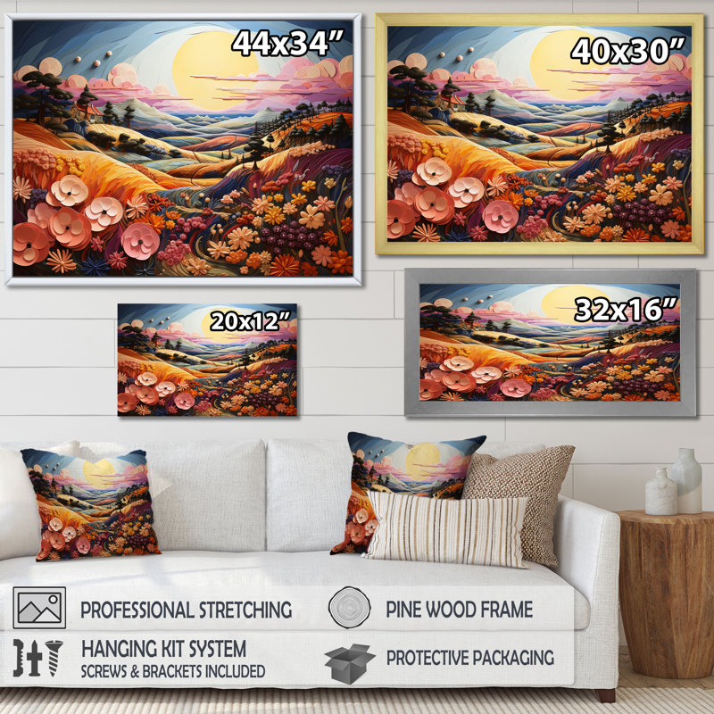 «Countryside Pastel Hills Patchwork I», reproduction d'art sur toile, Cadre simple noir, H 34 po x l 44 po x P 1,5 po