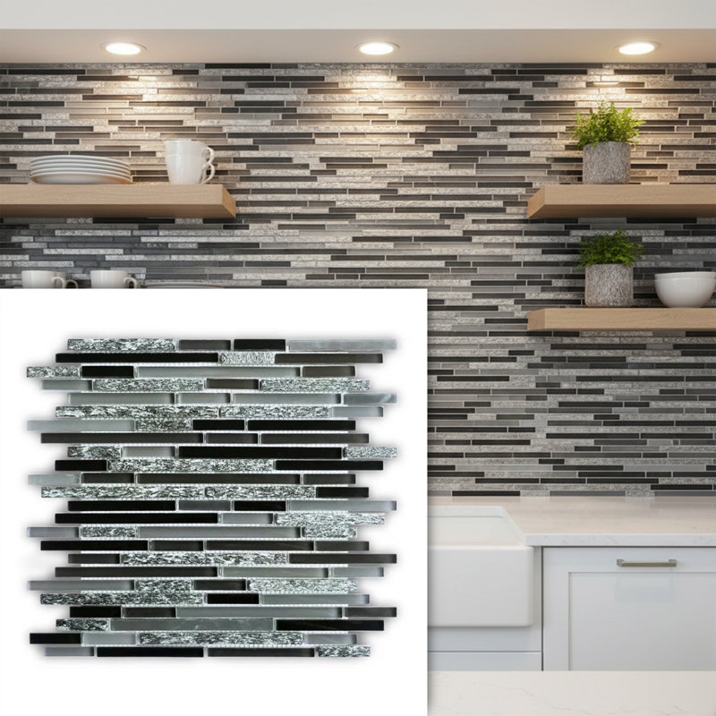 Denver 12" x 12" Natural Stone/Glass Linear Mosaic Wall & Floor Tile, Charcoal