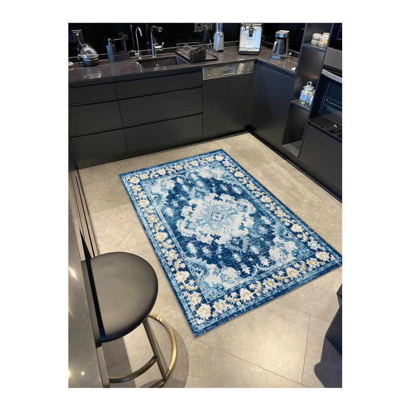 Light Blue Cream Traditional Checkered Floral Woven Base Washable Carpet, Runner 3'4" x 9'11"