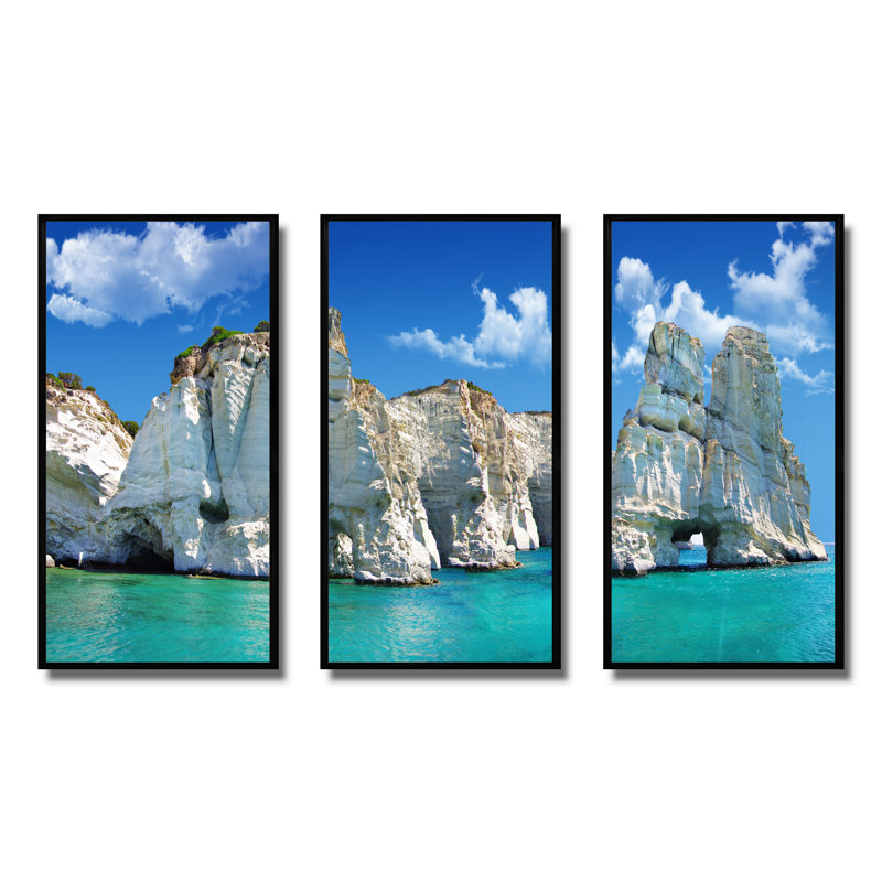 Grec vacances - ensemble d'art mural sur toile encadré paysage de 3, H 32 po x l 48 po x P 1 po, Cadre noir