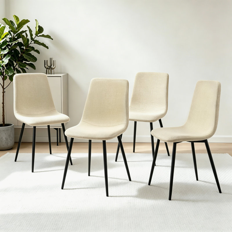 4-Piece Linen Upholstered Dining Chair Set with High Back & Metal Frame, Beige, Black