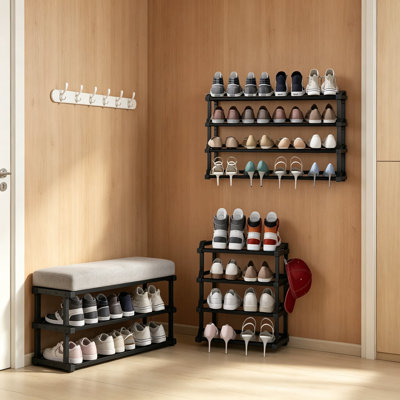 Ensemble de 3 étagères à chaussures murales, étagère à chaussures réglable à 4 niveaux pouvant accueillir 48 paires, étagère à chaussures robuste extensible de 17 à 30 pouces avec 6 crochets de rangement, rangement peu encombrant pour vestibule, noir