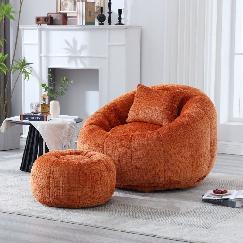 Watban 41.3'' Wide Tufted Chenille Compression Barrel Accent Chair and Ottoman, Orange Chenille