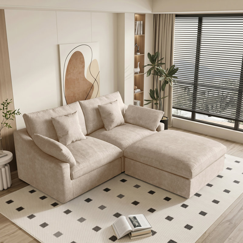 Slipcovered Upholstered Modular Sofa With Ottoman, 29.53" H x 82.68" W x 77.95" D, Khaki