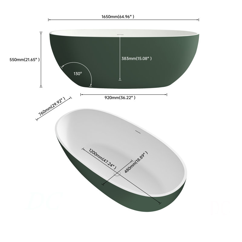 65" Premium Solid Surface Deep Soaking Bathtub, Matte Green