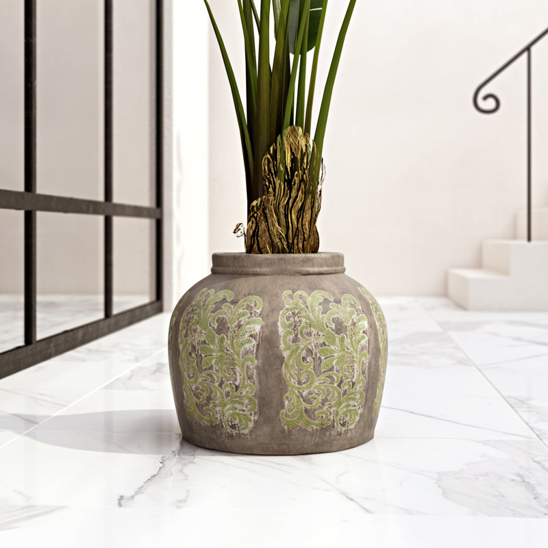 Vase en terre cuite vert / gris, H 12,5 po x l 13,5 po x P 13,5 po