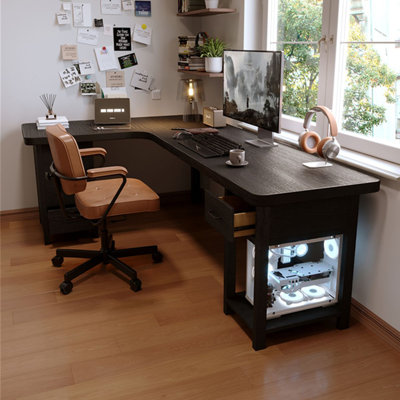 Bureau double caisson en bois massif en L noir avec 4 tiroirs