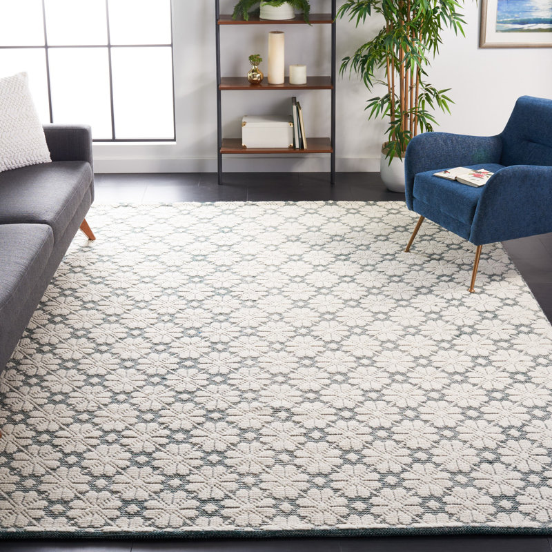 Tapis ivoire / vert en laine tissé à la main Sharene, Rectangle 9 pi x 12 pi