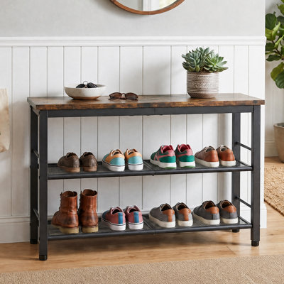 3-Tier Industrial Shoe Bench with Metal Frame, Entryway Shoe Storage Rack with Vintage Wood Shelves – 400 lbs Capacity, Compact Design for Hallway Living Room