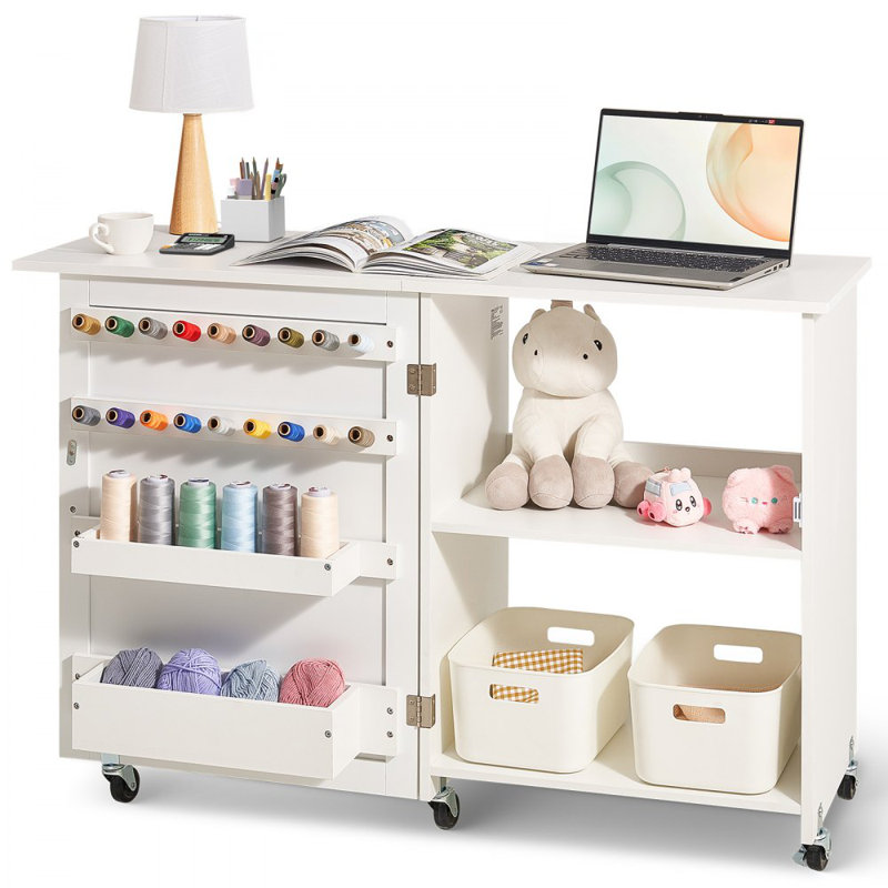 Table de couture pliante avec roues verrouillables, Blanc
