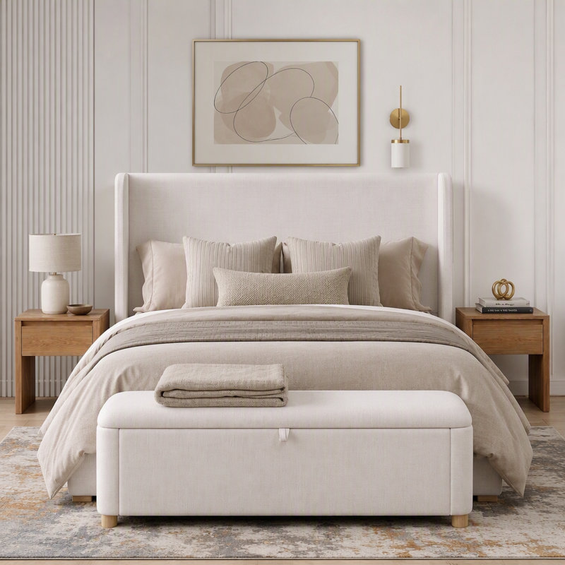 Très grand lit plateforme tapissier avec banc de rangement assorti (ensemble de 2), Cream, King