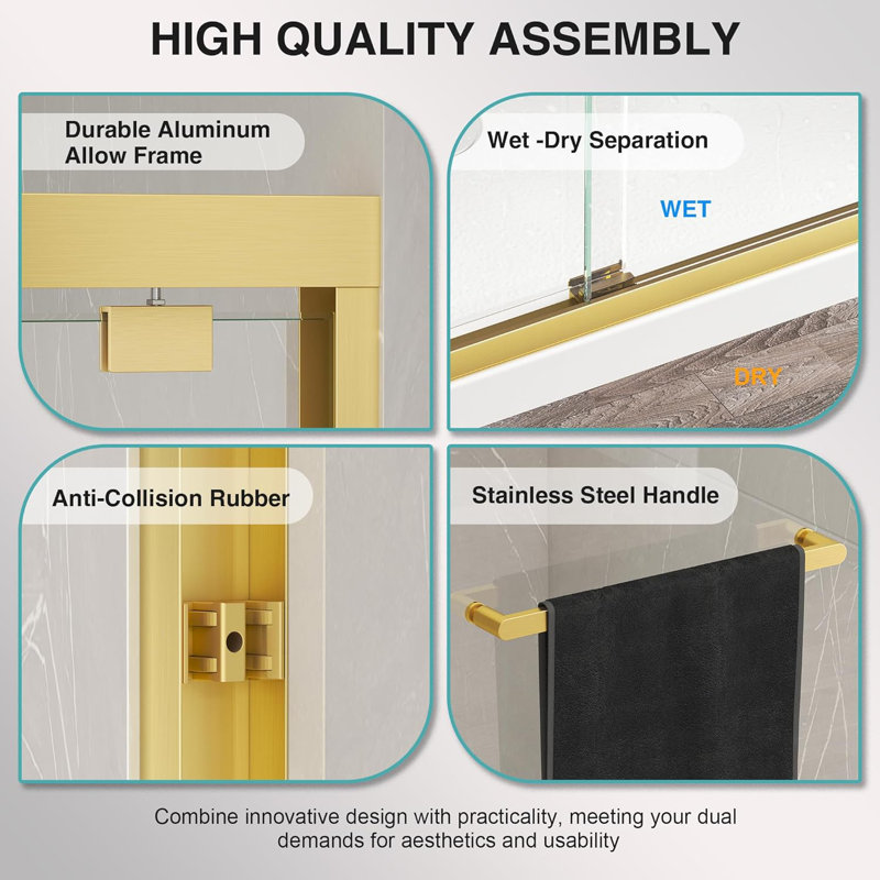 49"-54" W x 76" H Double Sliding Door Framed Shower Door with Two Towel Bars, Easy-Clean Coating, Explosion-Proof Film, Brushed Gold