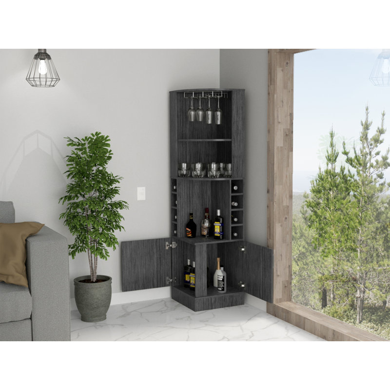 Armoire de coin Syrah, huit casiers à bouteilles, double porte, deux tablettes ouvertes