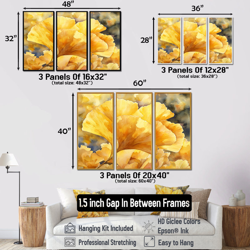 Golden Ginkgo Leaf II - feuilles, art mural - ensemble de 3, H 28 po x l 36 po, Noir, Impression encadrée sans passe-partout