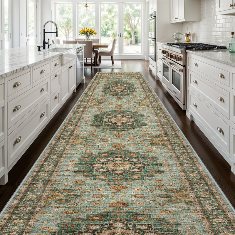 Washable Oriental Area Rug - Rugs for Living Room Soft Carpet for Bedroom Waterproof Floral Distressed Indoor Stain Resistant Non-Shedding Floor Carpets (Green)