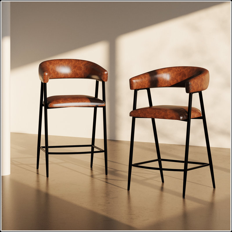 Ensemble de 2 tabourets de comptoir 26 po, tabourets de comptoir revêtus de polyuréthane avec structure en fer, dossier, repose-pieds, tabourets de comptoir avec accoudoirs pour bar à domicile, comptoir de cuisine, brun