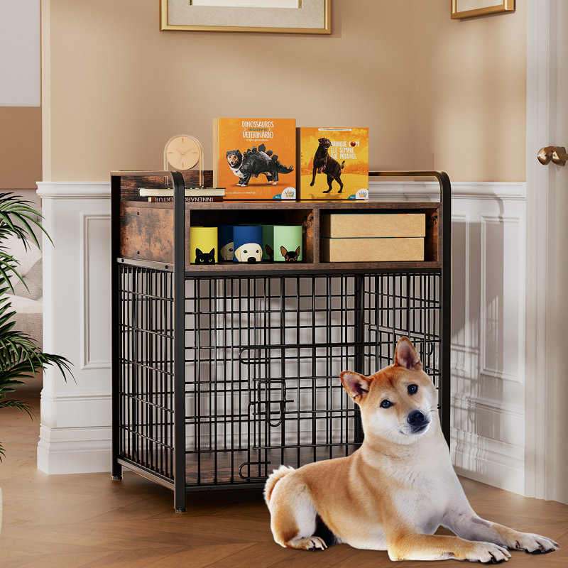 Small Dog Crate Furniture With Drawers Storage, Puppy Dog Kennel Indoor With Double Doors, Heavy Duty Wooden Dog Cage Table, Sturdy Metal