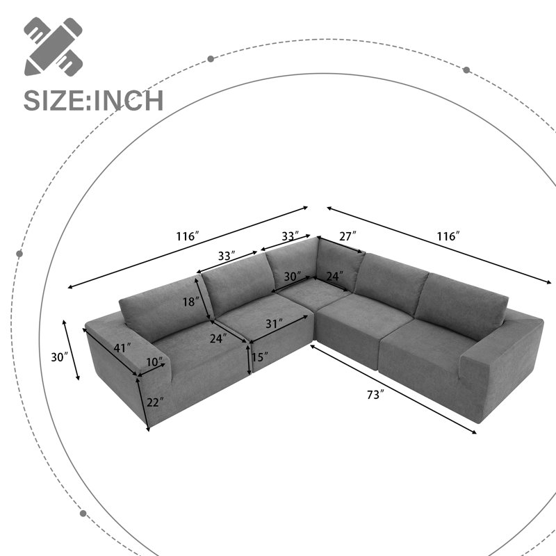 116 In. Square Arm 5-Piece L Shaped Polyester Modular Sectional Sofa In Gray, Gray Fabric