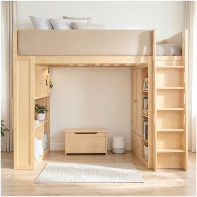 Lit mezzanine en bois massif pleine grandeur avec garde-corps en similicuir entièrement rembourré, lit haute avec garde-robe intégrée, tiroirs, tablettes à plusieurs niveaux et lumières DEL ambiantes, couleur bois