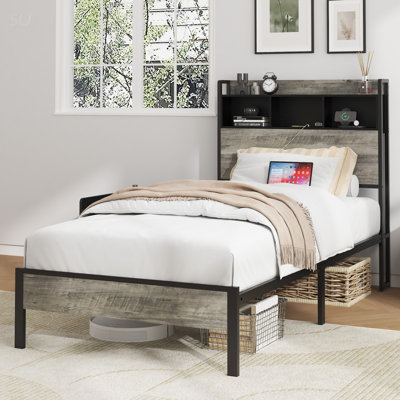 Single Bed Frame With Headboard Storage And Charging Station, Sturdy Wood Slats, Easy Assembly, Modern Design