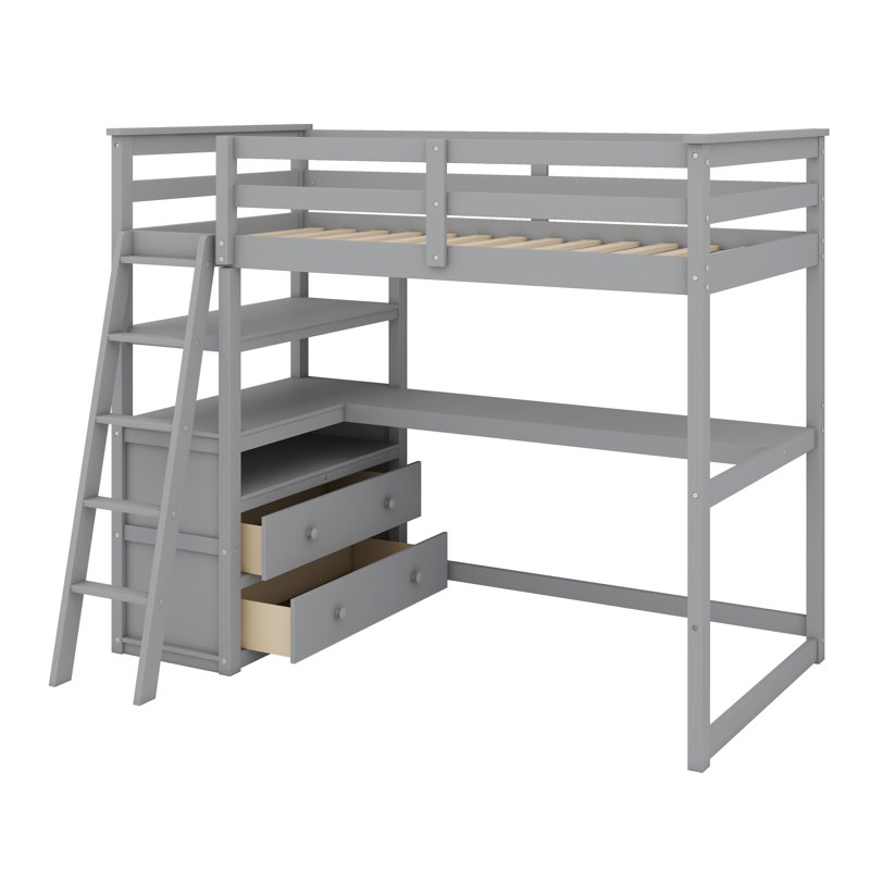 Lit mezzanine avec bureau et tablettes et deux tiroirs intégrés, Gris