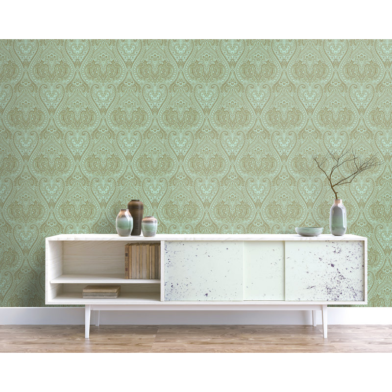 Zen Damask Paper Metallic Wallpaper Roll, Green/Gold