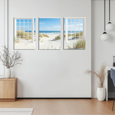 Beach Window View Canvas Wrapped Wall Art Oil Painting Print Set Of 3