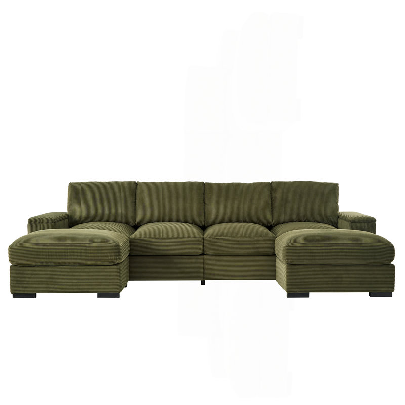 Sectional Sofa Deep Seat Sofa Couch With Ottomans, Dark Green Corduroy