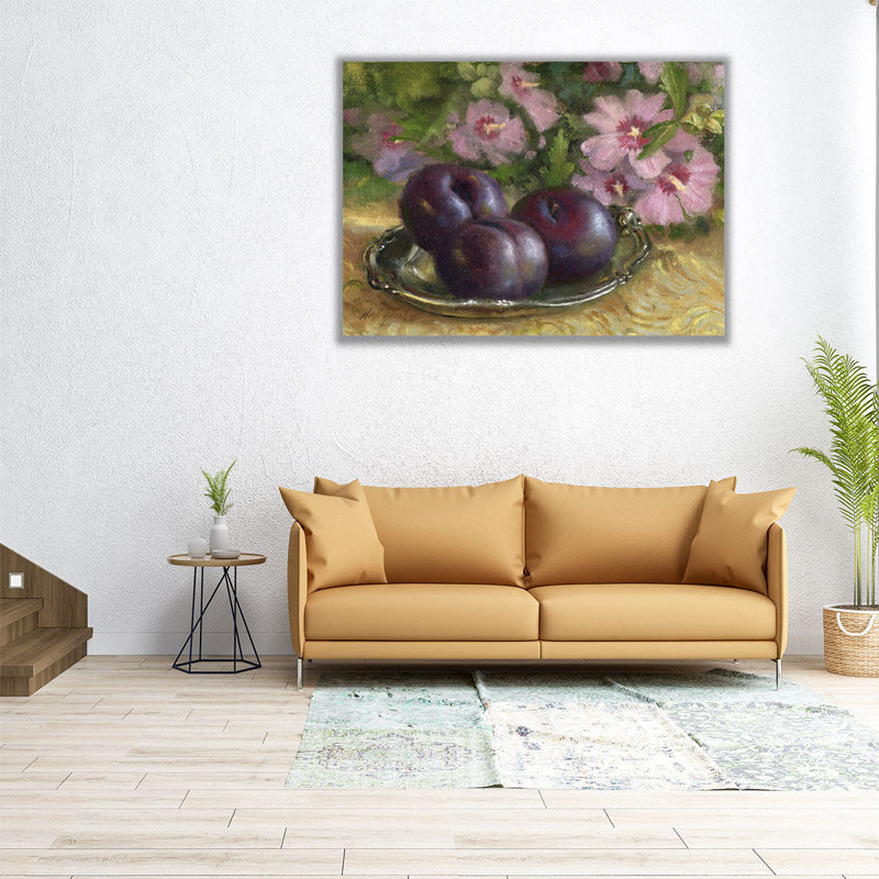 Prunes avec rose de Sharon - reproduction d'art sur toile, H 45 po x l 60 po