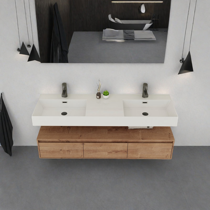 Meuble-lavabo double 60 po avec lavabos en résine et tiroir à fermeture en douceur 60 po