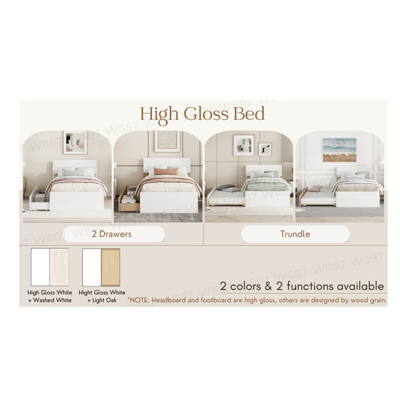 Cadre de lit simple moderne avec lit gigogne simple pour tête de lit et pied de lit blanc brillant