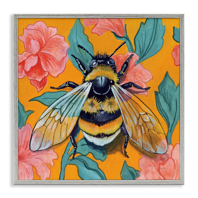 Bourdon et motif floral encadré, design par Kate Jarvik Birch, H 17 po x l 17 po, Estampe numérique Farmhouse