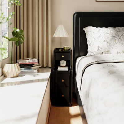 Soild Wooden Nightstand with Raised-Edge Top, Sliding Shelf, Cable Hole & Skirting Board Space