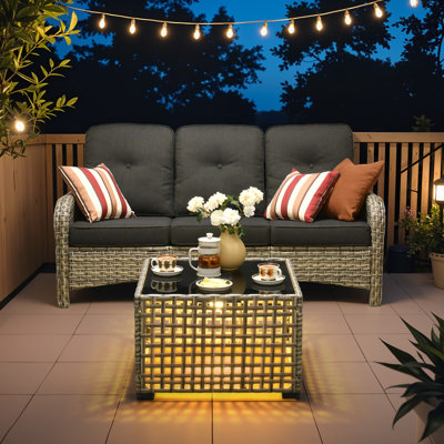 3-Person Outdoor Seating Group With Cushions And Led Coffee Table , All-Weather Wicker Patio Set by Winston Porter
