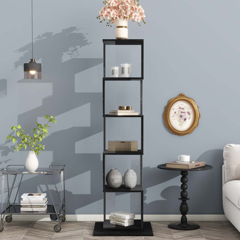 Bibliothèque rotative à 5 niveaux, support de plancher avec plaque en acrylique, Noir