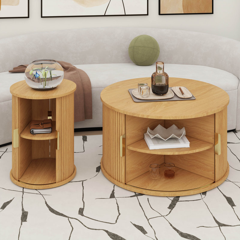 Ensemble de tables basses de style Mid-Century avec porte tambour coulissante, table de bout ronde cannelée avec rangement