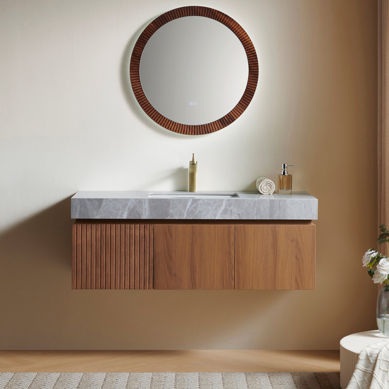Muri 48"Striped Solid Wood Bathroom Vanity, Light Gray, 48", Brown Oak