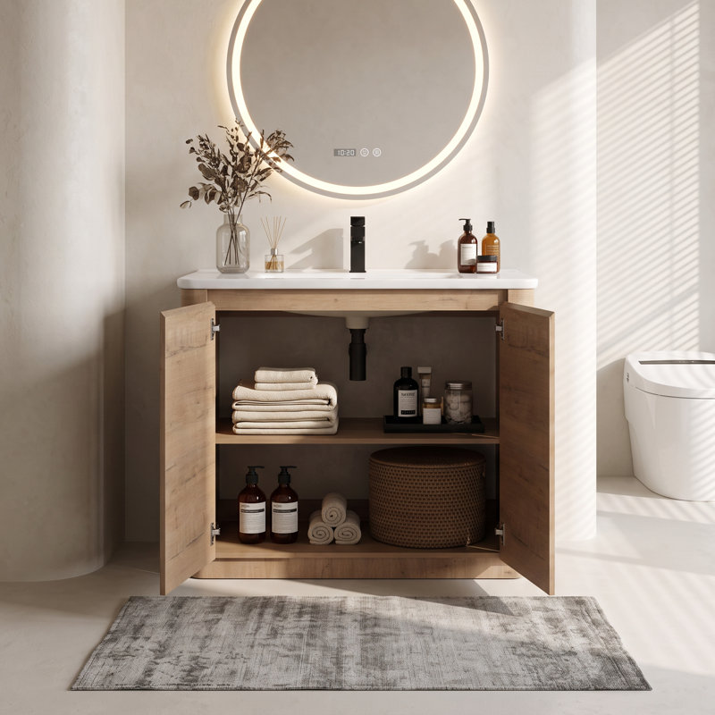 Meuble-lavabo autoportant de style ferme moderne de 91 cm (36 po), armoire en contreplaqué avec portes à fermeture amortie, lavabo en céramique blanche