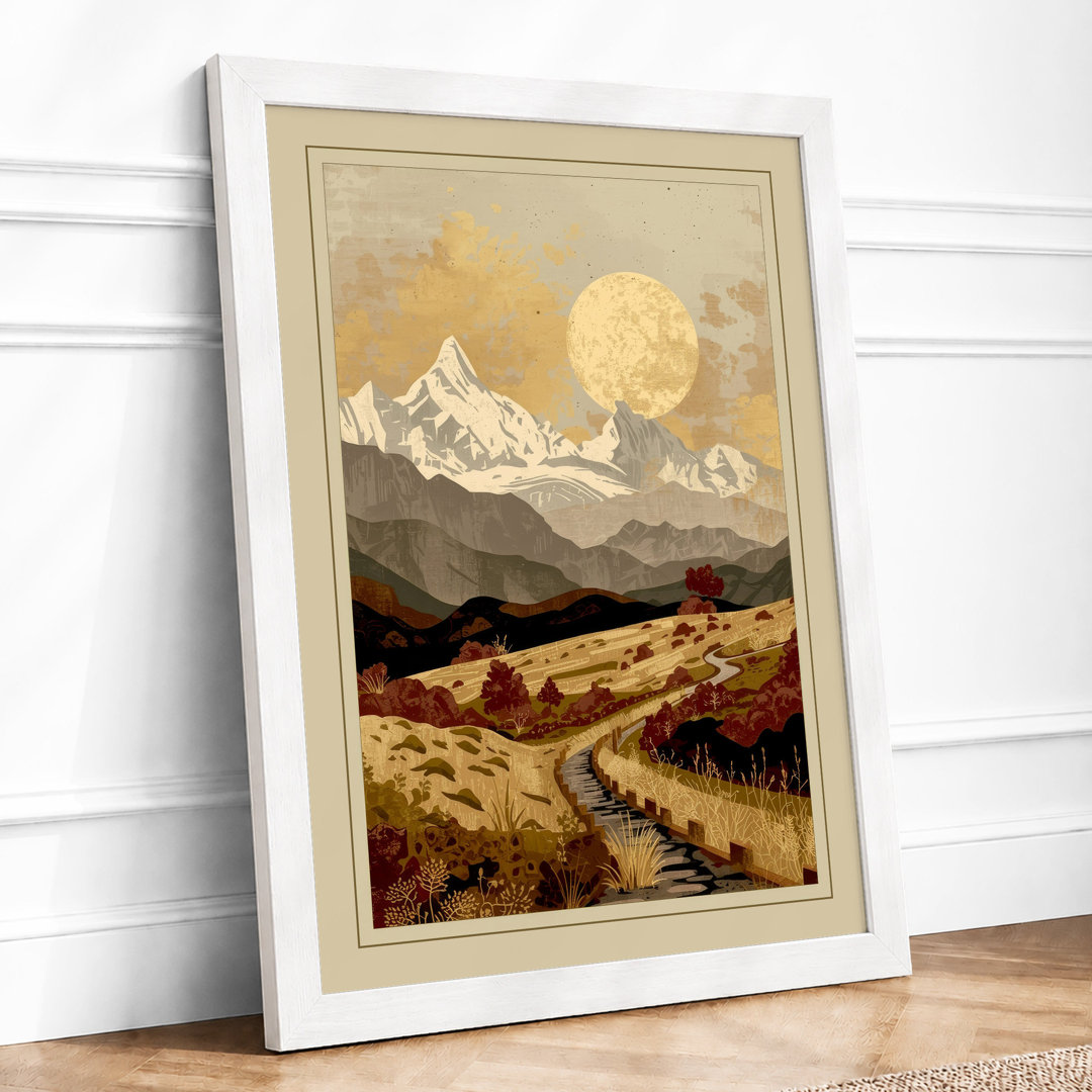 Mountain Under Moon Japandi - Framed Print