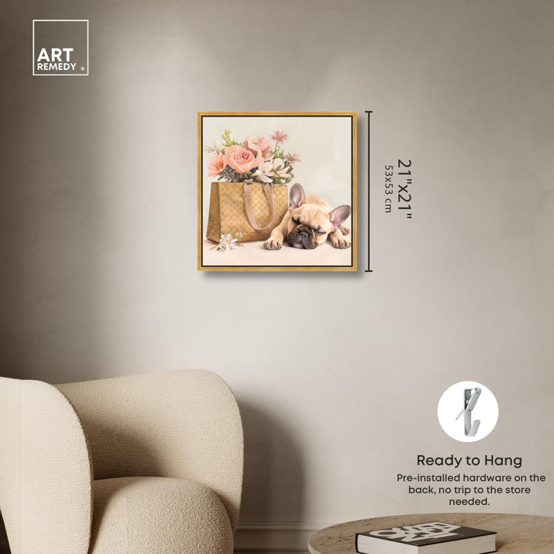 Art sur toile Sleepy Frenchie, Cadre flottant doré, H 21 po x l 21 po x P 1,8 po
